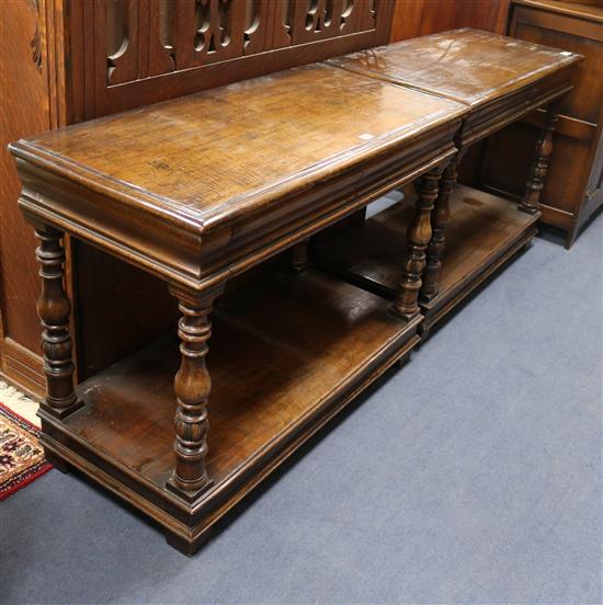 A pair of walnut hall tables W.99cm